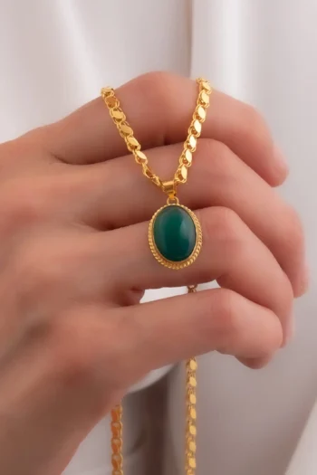 14K Solid Gold Oval Green Sequin Necklace