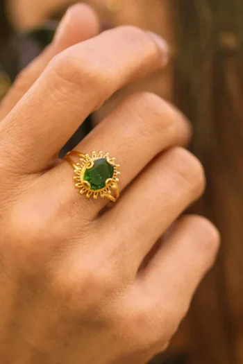 14K Solid Gold Green Oval Filigree Ring – Handmade Artisan Ring