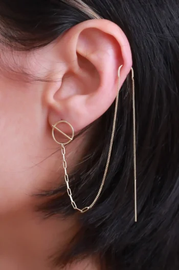 14K Solid Gold Hoop Stick Threader Earrings
