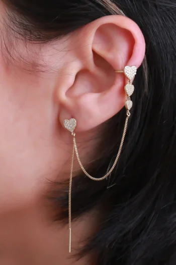 14K Solid Gold Three Hearts Threader Chain Earrings