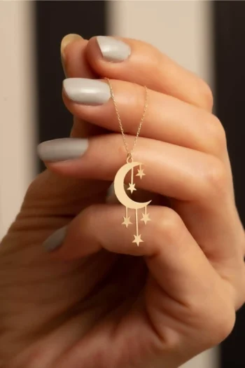 14K Solid Gold Moon and Star Pendant Necklace – Crescent Moon Charm Necklace