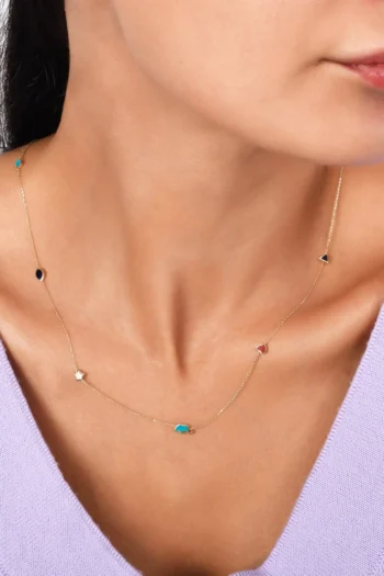 14K Solid Gold Sequential Symbol Necklace – Minimalist Colourful Pendant