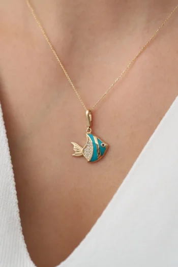 14K Solid Gold Blue Fish Necklace – Blue Enamel Fish Pendant