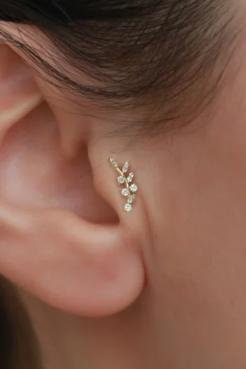 14K Solid Gold Leaf Stud Tragus Piercing – Flat Back Helix Labret Stud