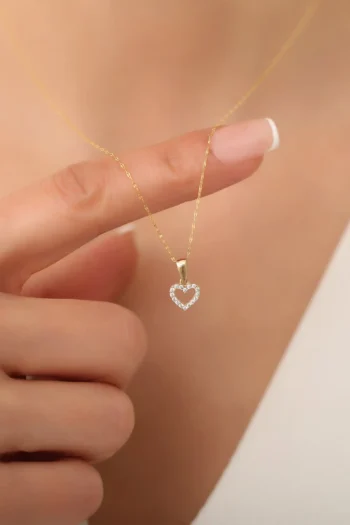 14K Solid Gold Stone Heart Necklace – Dainty Open Heart Pendant