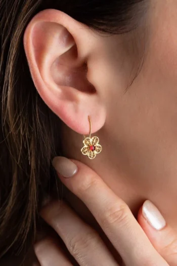 14K Solid Gold Red Daisy Earrings – Handmade Ethnic Flower Earrings