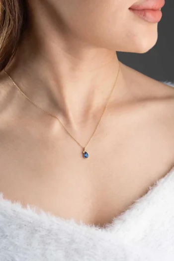 14K Solid Gold Blue Stone Drop Necklace – Elegant Teardrop Pendant