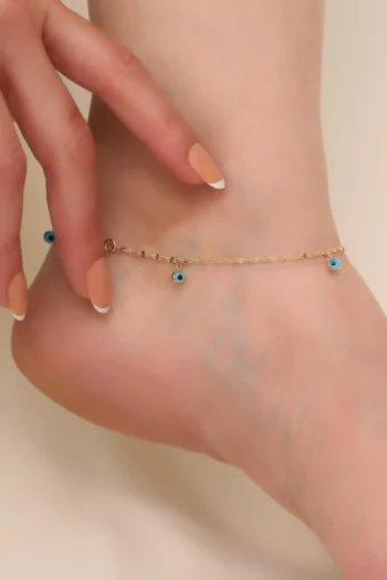 14K Solid Gold Mirror Chain Evil Eye Anklet – Minimalist Gold Anklet
