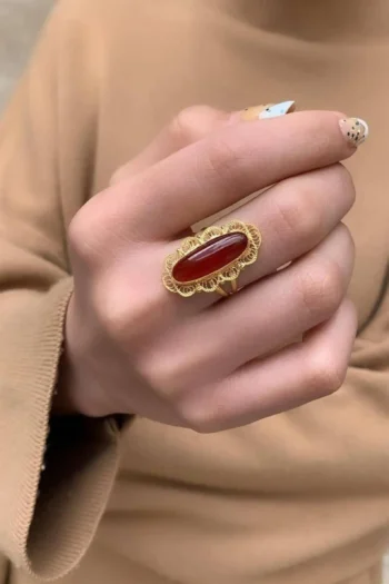 14K Solid Gold Long Agate Stone Ring – Handmade Filigree Ring