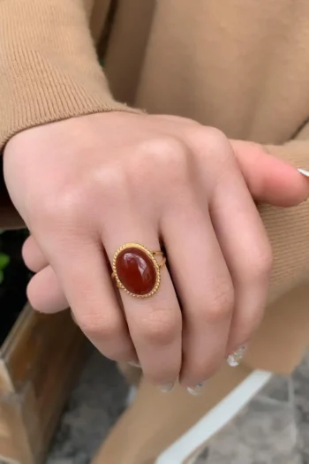 14K Solid Gold Agate Stone Ring – Handmade Brown Gemstone Ring