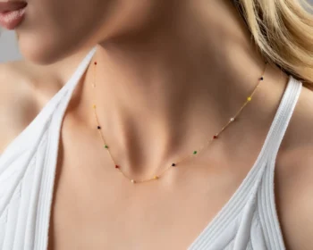 14K Solid Gold Multicolored Rainbow Necklace – Colourful Beaded Necklace