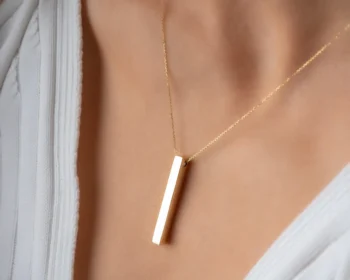 14K Solid Gold 3D Bar Necklace – Vertical Gold Bar Pendant