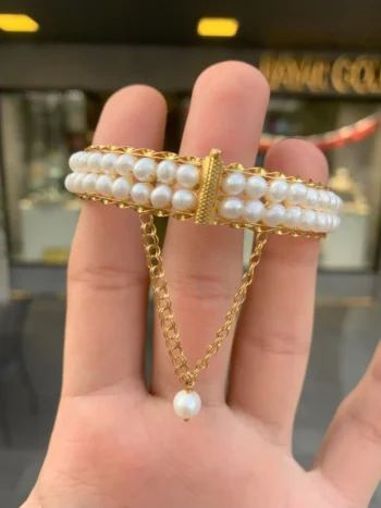 14K Solid Gold Pearl Handmade Bangle – Traditional Assyrian Filigree Bracelet