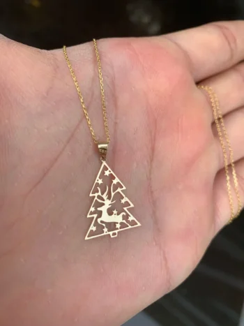 14K Solid Gold Christmas Tree and Deer Necklace – Minimalist Pine Tree Pendant