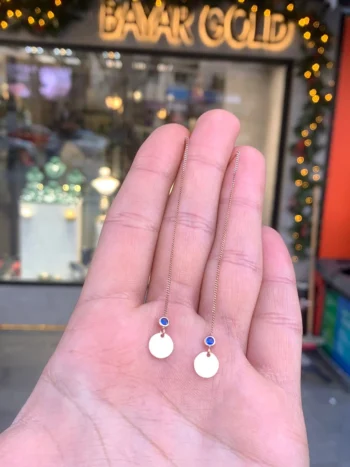 14K Solid Gold Round Plate Threader Earrings – Long Chain Earrings
