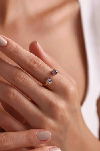 14K Solid Gold Purple Opal Double Stone Ring – Adjustable Open Ring
